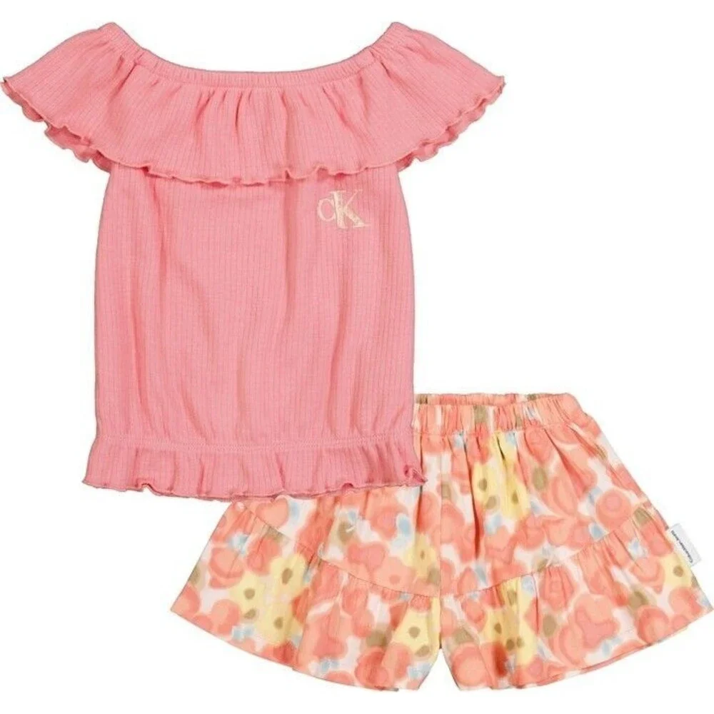 Calvin Klein Girls Elastic Edged Flutter Top & Skort Skirt, 2-PC Coral 12 Months